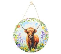 Wasise Highland Cow Ornaments - 20 X 20CM Highland Cow Wooden Wall Hanging, Western Home Decor, Rustic Farmhouse Christmas Decor with Colorful Floral Design, Colorful Christmas Tree Ornaments
