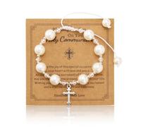 Wasise Holy Communion Bracelet - White Faux Pearl Beaded Bracelet, Adjustable Cross Charm Message Confirmation Card, First Communion Gifts, Christening Christian Jewelry for Birthday Wedding Christmas