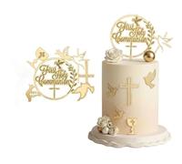 Wasise Holy Communion Cake Topper - Gold Acrylic Cross Cake Topper, Detachable First Holy Communion Decorations, Birthday Christening Shower Confirmation Party Supplies, Gold Chalice, Leaves, Dove