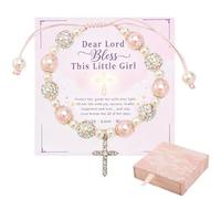 Wasise Holy Communion Gift, Adjustable Pink Pearl Cross Bracelet