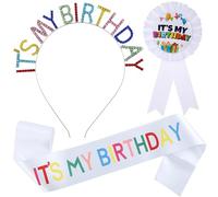 Wasise Its My Birthday Headband - 3PCS Sparkly Rhinestone Headband, Sash and Badge for Women Kids, Birthday Award Party Supplies for Kids Girls Decor, Exquisite Gifts Party Accessories Photo Props