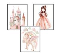 Wasise Princess Bedroom Accessories - Preppy Room Decor, Pink Wall Art, Pink Room Decor, Unframed Fade-Resistant Castle Unicorn Prints, Princess Castle Fairy Tale Picture, Rainbow Princess Posters