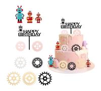 Wasise Robot Cake Topper - 10PCS Robot Cake Decorations, Birthday Cakes Topper with Robots Gears and Happy Birthday Toppers, Mechanical Theme Cakes Decorations for Party, Retro Industrial Style Decor