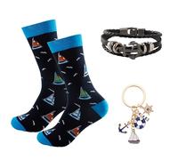 Wasise Sailing Socks - 3PCS Sailing Gifts for Men Set with Nautical Socks, Anchor Bracelet and Marine Keychain, Boat Gifts for Men, Unique Boat Gift, Birthday Gift for Friend Women, Nautical Present