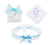 Wasise Something Blue for The Bride - 3PCS Something Blue for The Bride with Garters for Brides, Handkerchief and Angel Wing Pearl Pendant, Wedding Garters for Brides, Thoughtful Gift for Wedding