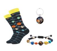 Wasise Space Socks - 3PCS Astronomy Gifts for Men, Funny Socks, Planet Bracelet Solar System, Space Keychain, Solar System Gifts, Astrology Gift, Birthday Gift for Men Lovers, Valentine's Day Gift