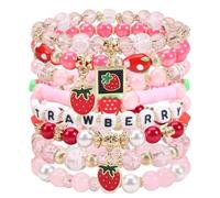 Wasise Strawberry Gifts - 8PCS Strawberry Bracelet Set, Stacked Bracelets, Pink Strawberries Accessories, Beaded Bracelets,Stretch String Bracelet for Women Girl Best Friends Friendship Jewelry Gift