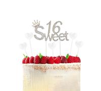 Wasise Sweet 16 Cake Topper - Diamond Silver Crown Cake Topper, Number 16 Birthday Cakes Glitter Toppers Party Baking Decorations, Mini 3d White Love Heart Birthday Cakes Decoration Insert