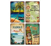 Wasise Tiki Bar Accessories - Set of 4 Tiki Bars Tin Paintings, 20x30cm Tropical Wall Art, Bar Accessories, Vintage Bars Signs with Beach Statue and Aloha Designs, Beer Cocktails Beach Decor Sign