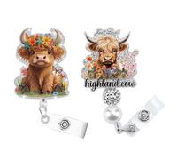 Wasise Western Cow Badge Reel - 2Pcs Highland Cow Garland Glitter Design Badge Reel, Nurse and Medical Assistant Accessories, Can Rotate 360° and Can String Beads Retractable Holder Cute Clips Gifts
