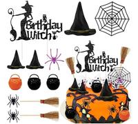 Wasise Witch Cake Decorations - 13 PCS Wicked Cake Topper, Wicked Party Decorations, Spooky Cakes Topper with Witch Hat Broom Spider Web Glitter Happy Birthday Decor, Witch Wizard Theme Baby Shower