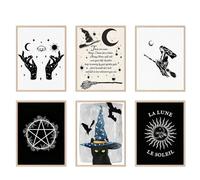 Wasise Witchy Decor - 6PCS Gothic Home Decor, 20 X 25CM Gothic Wall Art with Witch and Celestial Symbols, Grunge Room Decoration, Goth Wallpaper, Unframed Canvas Prints Artwork for Bathroom Bedroom