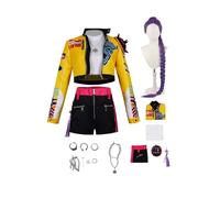 Waslary Hunters Cosplay Costume with Purple Wig Anime Band Idol Yellow Crop Top Jacket Black Shorts and Necklace Accessories Sexy Party Halloween Suit