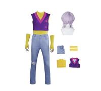 Waslary Saja Boys Cosplay Costume Mystery Outfits with Wig Men's Printed Vest Shirt Pants Purple Leisure Vacation Set Band Idol Star Costume