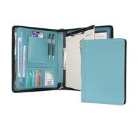 Wason A4 Portfolio with Zipper - Leather PU Padfolio with Detachable Ring Binder and Writing Notepad Holder, Conference File Multi-Pockets Organizer for Office Travel School (Cyan)