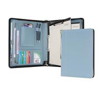 Wason A4 Portfolio with Zipper - Leather PU Padfolio with Detachable Ring Binder and Writing Notepad Holder, Conference File Multi-Pockets Organizer for Office Travel School (Misty Blue)