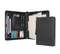 Wason A4 Portfolio with Zipper - Leather PU Padfolio with Detachable Ring Binder and Writing Notepad Holder, Conference File Multi-Pockets Organizer for Office Travel School (Black)