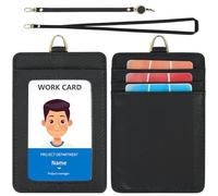 Wason ID Badge Holder with Genuine Leather Case, Detachable Neck Lanyard, Hand Strap, Retractable Badge Reel - 5 Card Slots for ID Student Nurses Doctors Engineers Driver (Black)
