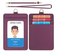 Wason ID Badge Holder with Genuine Leather Case, Detachable Neck Lanyard, Hand Strap, Retractable Badge Reel - 5 Card Slots for ID Student Nurses Doctors Engineers Driver (Purple)