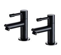 Wasserrhythm Basin Pillar Taps Pair Black Twin Bathroom Sink Taps Monobloc Matte Black Brass Cloakroom Faucets Traditional Mono 2PCs Hot and Cold Water Tap 1/4 Turn Cross Lever