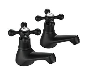 Wasserrhythm Basin Pillar Taps Pair Black Victorian Twin Bathroom Sink Tap Traditional Cloakroom Mono Cross Lever Two Holes Hot and Cold Water Faucets
