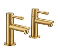 Wasserrhythm Basin Pillar Taps Pair Twin Bathroom Sink Tap Brushed Gold | 304 Stainless Steel Lead-Free Cloakroom Faucets Traditional Mono 2PCs Hot and Cold Water Tap 1/4 Turn Leve 2 Holes Round 20mm