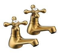 Wasserrhythm Basin Pillar Taps Pair Twin Bathroom Sink Taps Brushed Gold Victorian Traditional Brass Cross Lever Two Wash Basin Taps Hot and Cold Tap Separate Cloakroom Faucets 2 Holes
