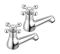 Wasserrhythm Basin Pillar Taps Pair Twin Bathroom Sink Taps Victorian Traditional Chrome Brass Cross Lever Two Wash Basin Taps Hot and Cold Taps Separate 2 Holes