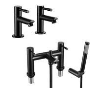 Wasserrhythm Basin Taps Pair and Bath Filler Tap with Shower Set Twin Bathroom Sink Taps Tub Taps with Shower Head Set Black Stainless Steel Lead-Free Faucets Traditional 2PCs Tap 1/4 Turn Lever
