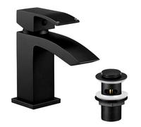Wasserrhythm Basin Taps with Pop up Waste Black Waterfall Square Bathoom Sink Tap Mixers Brass Mono Cloakroom Faucet Monobloc with Slotted Waste Modern 1 Hole G1/2 Hoses
