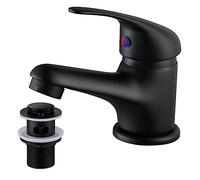 WasserRhythm Black Basin Mixer Tap with Pop Up Waste Bathroom Tap Mixers Monobloc Bathroom Sink Taps Single Handle Basin Taps Faucet with Universal Hoses