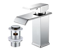 WasserRhythm Waterfall Basin Taps Mixer with Pop Up Waste, Square Sink Tap | Chrome Bathroom Taps Mixer, Gentle Aerated Stream, Drip-Resistant Ceramic Disc Valve, Single Lever Faucet, G1/2 hoses