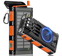 WASTDE Wireless Solar Power Bank 26800mAh with Hand Crank & 4 Cables, Solar Charger Power Bank USB-C Fast Charging 7 Outputs 4 Inputs for Phone, Outdoor Waterproof External Battery for Camping