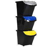 Waste Bins 3pc Black PP Stackable with Lids 26L Each 43.5x31x32.5cm Durable Home