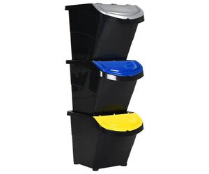 Waste Bins 3pc Black PP Stackable with Lids 26L Each 43.5x31x32.5cm Durable Home