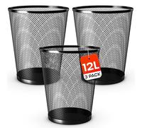Waste Paper Bin - 12L Black Colored Metal Office Bin for Office, Bedroom, Living Room or Kitchen Use (3 Pack)