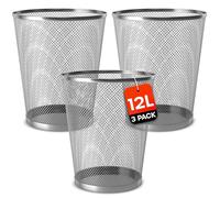 Waste Paper Bin - 12L Silver Colored Metal Office Bin for Office, Bedroom, Living Room or Kitchen Use - Round Waste Paper Bin with Stylish, Sturdy and Lightweight Design (3 Pack)