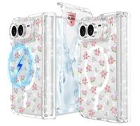 WATACHE for iPhone Duo Case Clear Glitter Magnetic with Hinge Protection | Screen Protector & Leaf Flower Pattern Compatible with Magsafe Phone Shockproof protective Shiny Case Cover for Women