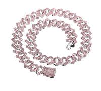 Watasiwa New Men's Cuban Link Chain Full of diamonds Cuban Necklace Bracelet Geometry Diamond Chain for Men Women 15 mm wide Hip Hop Jewelry (18inch(45cm), Pink)