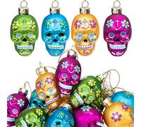 Watayo 12 PCS Day of The Dead Glass Ornaments-Dia De Los Muertos Sugar Skull Ornaments-Halloween Hanging Skeleton Head Decorations for Party Xmas Tree Decoration