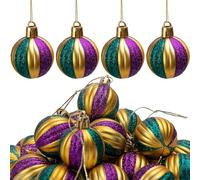 Watayo 24 Pcs Glitter Ball Ornaments - 1.6" Shatterproof Hanging Balls - Purple, Gold, Green Tree Balls for Mardi Gras Holiday, New Orleans Masquerade Party Decoration