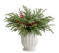 Watayo 60 Pcs Christmas Norfolk Pine Branches with Red Berry Stems- 14" Artificial Greenery Norfolk Pine Stems Sprigs- Fake Foliage Pine Needles Picks for DIY Craft Garland Home Decoration