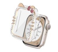 Watbro Cartoon Bow Cat Bling Case for Apple Watch SE/Series 9/8/7/6/5/4 44mm 45mm with Tempered Glass Screen Protector, Crystal Diamond Full Cover Protective Case for Iwatch S9 S8 S7 44mm Accessories