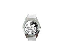 Watch Analogue Quartz with Real Leather Band Silver Round for Fan of Elvis Presley e0