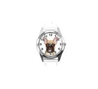 Analogue Quartz Watch with Real Leather Band - White Round Dial, 24cm Band, Stainless Steel Case, for French Bulldog Fans