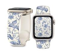 Watch Band Compatible with Apple Watch 38mm 40mm 41mm 42mm 44mm 45mm Soft Silicone Wristbands Replacement Strap with Classic Clasp for iWatch Series SE11 10 9 8 7 6 5 4 3 2 1（Delicate blue flowers）