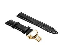 Watch Band for Men Black Calfskin Leather Strap Rose Gold Butterfly Buckle 20mm