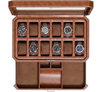 Watch Box with Valet Drawer for Men - 12 Slot Luxury Watch Case Display Organizer, Microsuede Liner, Locking Mens Jewelry Watches Holder, Men's Storage Boxes Holder Large Glass Top (Tan / Brown)