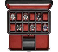 Watch Box with Valet Drawer for Men - 12 Slot Luxury Watch Case Display Organizer, Microsuede Liner, Locking Mens Jewelry Watches Holder, Men's Storage Boxes Holder Large Glass Top (Black / Red)