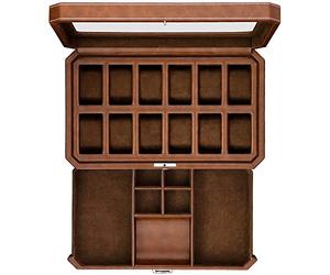 Watch Box with Valet Drawer for Men - 12 Slot Luxury Watch Case Display Organizer, Microsuede Liner, Locking Mens Jewelry Watches Holder, Men's Storage Boxes Holder Large Glass Top (Tan / Brown)